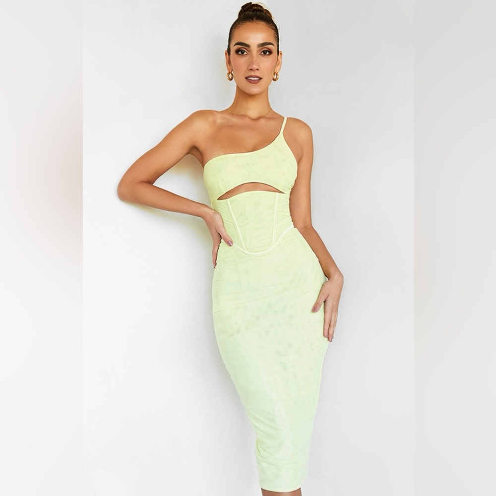**SOLD** House of CB Mistress Rocks Lemon One Shoulder Corset Midi Dress